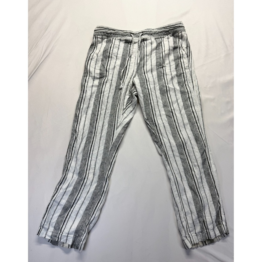 Per Se Linen Pants Womens L White Black Vertical Striped Straight Leg Drawstring